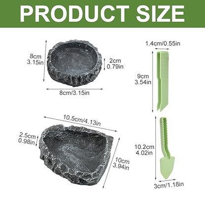 Reptile Bowls, 2 Pcs Reptile Feeding Dish with Clamp & Shovel, Resin Rock Reptile Water & Food Bowls, Amphibian Reptile Feeding Terrarium Bowls for Gecko Lizard Spider Scorpion Chameleon