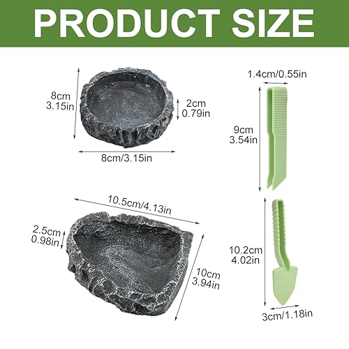 Reptile Water Dish Food Bowl for Bearded Dragon Tank Accessories, 2 Pack Reptile Feeding Dish Corner Bowl with Tweezers and Cleaning Shovel for Lizard Gecko Tortoise Hermit Crab (Black Grey)