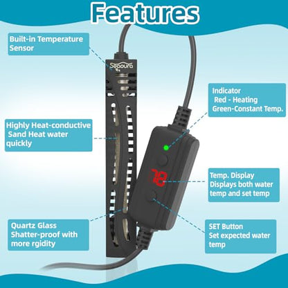 SEAOURA Submersible Fish Tank Heater, 75W Aquarium Heaters for 7-20 Gallon, Adjustable Turtle Tank Heater with Digital Temperature Display, Suitable for Freshwater and Saltwater Tank - size: ≤ 20 Gal Tank