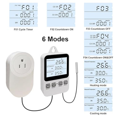 Temperature Controller Heating Cooling Mode Digital Thermostat 120V 15A Plug in Thermostat Controlled Outlet for Reptile Greenhouses Seedling Mat Incubation Terrarium