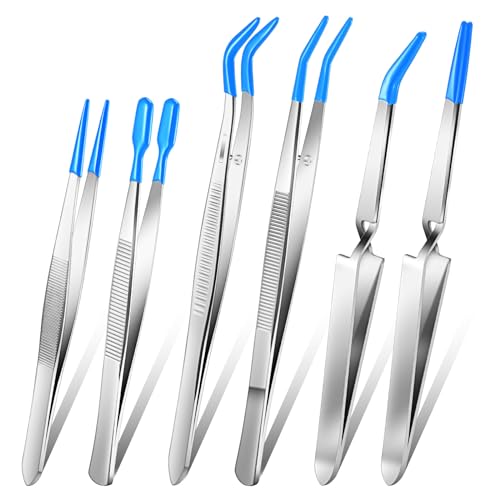 Jingmore 6 Pieces Tweezers with Rubber Tips Rubber Tipped Tweezer Cross Lock PVC Coated Tweezers Craft Jewelry Anti Scratch Long for Crafting Beads Jewelry Stamps Succulents Pet(Blue) - color: Blue