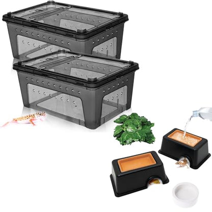 Hamiledyi 2PCS Reptile Feeding Box Snake Breeding Box Transparent Animal Habitat Cage and 4 Pcs Humid Hide for Leopard Gecko Moist Reptile Hide Box for Young Lizard Shedding