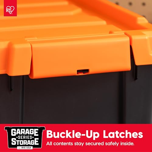 IRIS USA 12 Gallon Lockable Storage Bins with Lids, 2 Pack - Made in USA, Heavy Duty, Stackable Containers, Garage Organizing Bins Moving Tubs, Rugged Sturdy Equipment Utility Box - Black/Orange - size: 12 Gal - 2 Pack