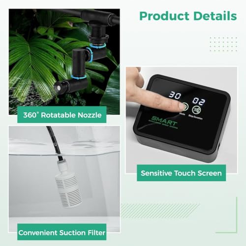 Reptile Tank Misting System with Smart Timer, 360° Rotating Nozzles & Touch Control, Ideal for Rainforest Environments