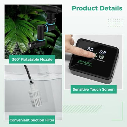 Reptile Humidifier with Smart Timing, 360° Rotatable Misting Nozzles for Terrariums, Automatic Water Spray System with Led Touch Display