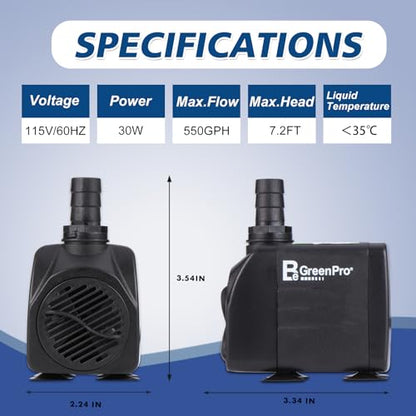 Fountain Pump, 2-Pack 550GPH(2000L/H 30W) Submersible Water Pump, Adjustable Ultra Quiet Fountain Pump with 4 Nozzles 7.2ft High Lift for Aquarium, Fish Tank, Pond, Waterfall, Outdoor, Hydroponics