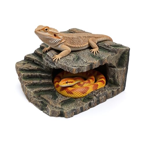 Extra Large Resin Reptile Cave Hideout, Rock-Style Basking Platform, Aquarium and Terrarium Decor, Ideal for Reptiles, Amphibians, and Fish