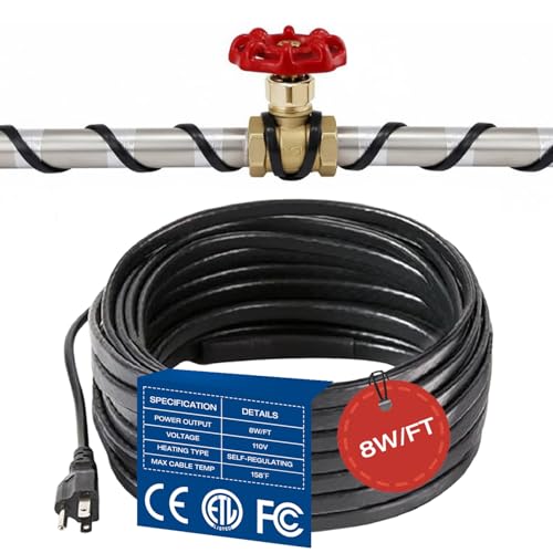 H&G lifestyles 8W/FT Heat Tape for Water Pipes 30FT | Self-Regulating Heat Cable for Pipe Freeze Protection,Snow De-icing Heating Tape for Winter,Keeps Water Flowing at -40°F - color: 30-feet