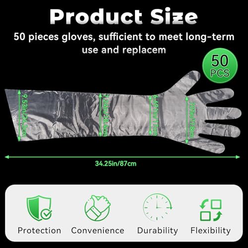 50 Pcs Plastic Long Arm Gloves, 35.4 in Veterinary Insemination Glove, Long Shoulder Length Disposable Gloves for Field Dressing Gutting