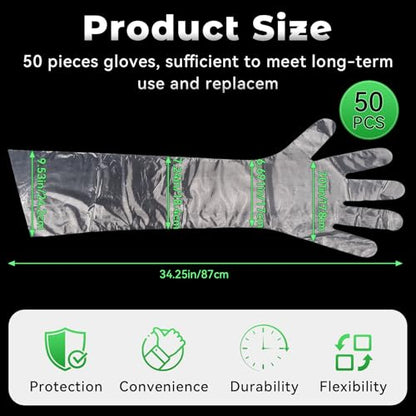 50 Pcs Plastic Long Arm Gloves, 35.4 in Veterinary Insemination Glove, Long Shoulder Length Disposable Gloves for Field Dressing Gutting