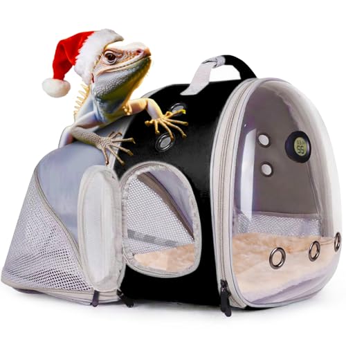Bearded Dragon Travel Backpack Carrier with Reptile Thermometer and Humidity Gauge Lizard Travel Cage Space Capsule Clear Bubble Window Astronaut Reptile Bag for Ball Python (Black, BE Backpack) - color: Black, size: 11.8"L x 7.2"W x 11.8"H