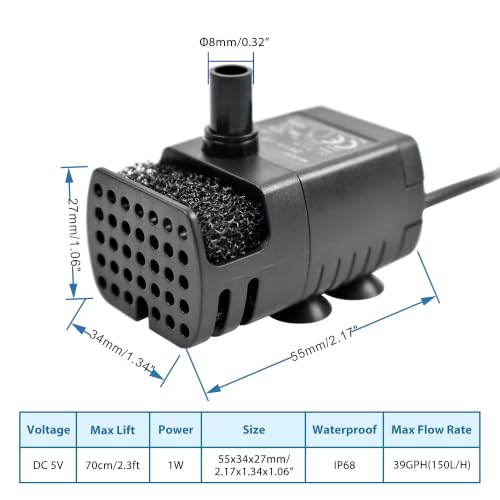 CONQUERALL DC 5V USB Cat Fountain Replacement Pump 1W 39GPH 2.3ft with 3.3ft Silicone Tube for Dog Drinking Bowl (Black) - color: Usb 5v 1w 150l/H 75cm Head