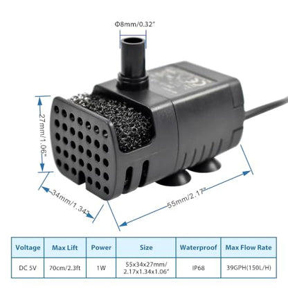 CONQUERALL DC 5V USB Cat Fountain Replacement Pump 1W 39GPH 2.3ft with 3.3ft Silicone Tube for Dog Drinking Bowl (Black) - color: Usb 5v 1w 150l/H 75cm Head