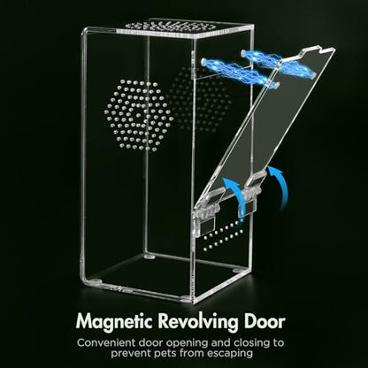 Pre-Assembled Jumping Spider Enclosure, Acrylic Terrarium with Magnetic Door & All-Side Ventilation, Habitat for Spiderling, Mantis, Tarantula, Snail, 3.5"×3.5"×7" (Tweezer & Temp Sticker Included) - size: Small Vertical (3"×3"×7")