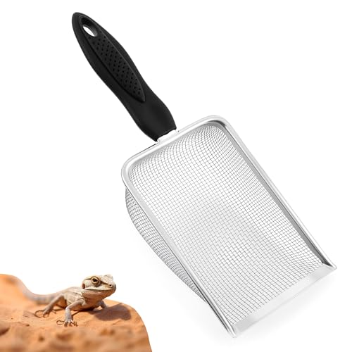 Stainless Steel Mesh Litter Shovel, Metal Non-Slip Black Handle Sifter, Fine Mesh Reptile Cleaner Scooper for Lizard Substrate, Reptile Terrarium Sand & Waste