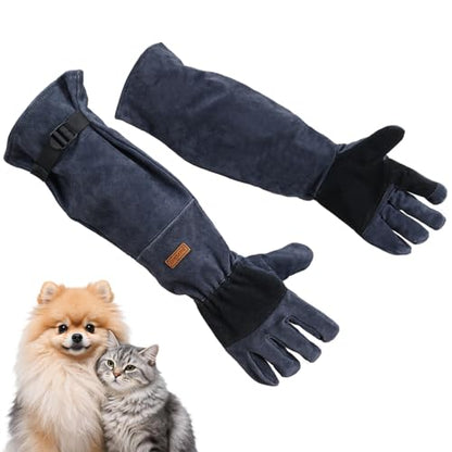 Small Animal Care Gloves - 23.6 inch Leather Reinforced Gloves, Adjustable Straps Suitable for Grabbing Cat Reptile Puppy Bird Poultry or Gardening Welding (Grasping Small Animals)