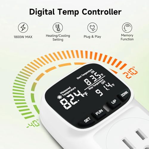 1800W Digital Thermostat for Reptile Tank, -40℉~210℉, Plug in Thermostat for Heater/Greenhouse with 5m/2m Cable, 15A Temperature Controlled Outlet with VA Display, Temp ±0.1°F, White - style: Plug in-White