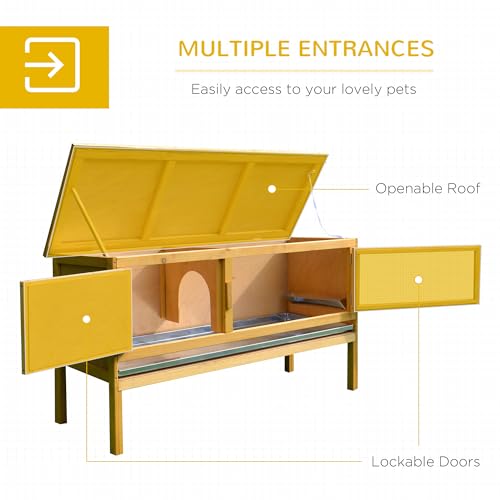 PawHut Wooden Rabbit Hutch Bunny Cage with Openable Waterproof Roof, No Leak Tray Sturdy Fir Wood Build for Indoor/Outdoor