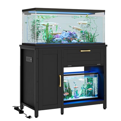 Bestier 40-50 Gallon Fish Tank Stand with Power Outlet&LED Light, 37x18 Heavy-Duty Metal Aquarium Stand with Cabinet&Drawer for Accessories Storage, Suit for Reptile/Turtle Terrarium,660Lbs Capacity