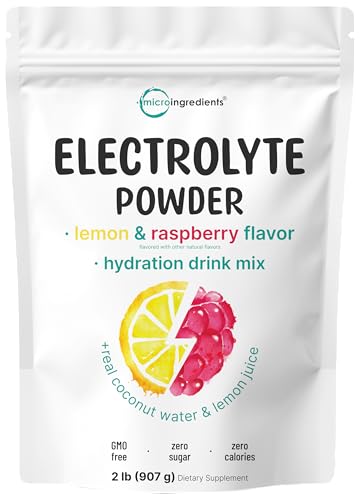 Micro Ingredients Electrolytes Powder, 2lbs (139 Servings) | Sugar Free | Lemon Raspberry Flavor | High Potassium (1,000mg) + Coconut Water & Real Lemon Juice | Keto Friendly, Non-GMO - size: 32 Ounce (Pack of 1)