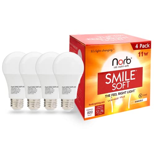 Norb NorbSMILE Soft Full Spectrum Light Bulb | US Patented | A19 LED Bulb & 11W 800 Lumens | 4000K Soft Daylight White, CRI 96 & Dimmable E26 Base | Supports Energy, Mood & Circadian Rhythm | 4 Pack - style: Smile Soft 11W (4 Pack)