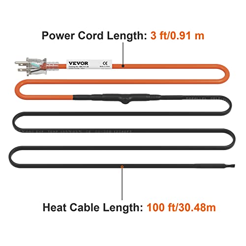 VEVOR Self-Regulating Pipe Heating Cable, 100-feet 5W/ft Heat Tape for Pipes Freeze Protection, Protects PVC Hose, Metal and Plastic Pipe from Freezing, 120V - size: 100 Feet