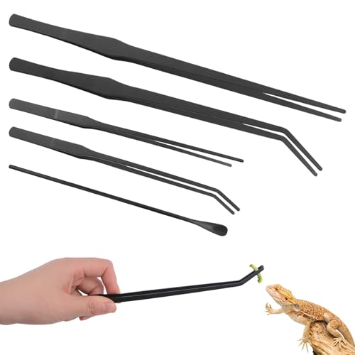 Stainless Steel Reptile Feeding Tongs with Rubber Tip，5 PCS Straight and Curved Long Tweezers Terrarium Aquascape Tools Feeder for Lizards Bearded Dragon Snake（Black）