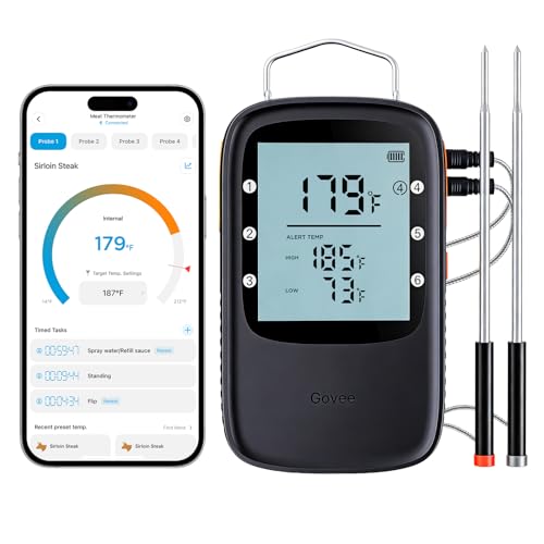Govee Bluetooth Meat Thermometer, Wireless Meat Thermometer for Smoker Oven, Digital Grill Thermometer with 2 Probes, Timer Mode, Smart LCD Backlight BBQ Thermometer for Cooking Turkey Fish Beef