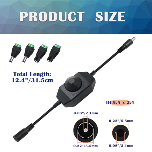 2PCS LED Strip Light Dimmer Switch Cable with Power Jack Adapter Connectors(2 x Male + 2 x Female) 5.5mm x 2.1mm DC 12V-24V LED Tape Dimmer Controller for LED String Lights - color: 2PCS Dimmer Switch