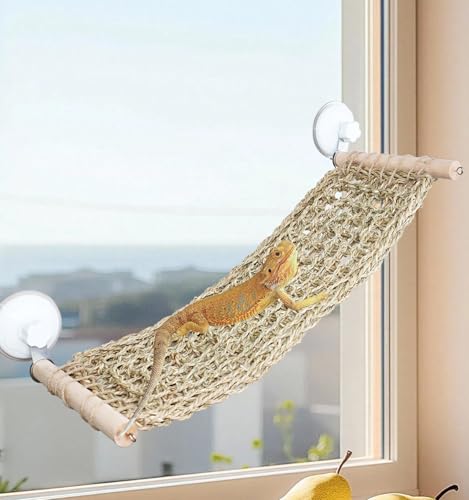 Bearded Dragon Hammock for Window, 21.6 x 7.8 in Natural Seagrass Bearded Dragon Hammock, Large Lizard Window Perch, Reptile Hammock Bed with Powerful Suction Cups for Tank Accessories