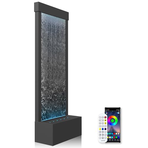 LONGRUN 48" Indoor Waterfall Fountain with LED Lights - 7-Color Illuminated Mirror Waterfall, Self-Contained Water Feature Kit for Home Decor, Large Indoor Fountain with Captivating Water Flow - color: Black - Mirrored Silver
