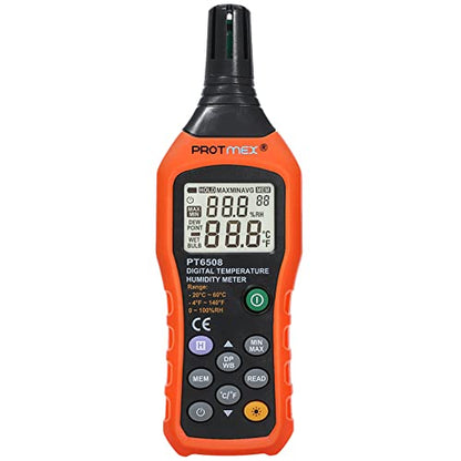 Protmex PT6508 Temperature Humidity Meter, Digital Thermometer Hygrometer Monitor with Ambient, Dew Point, Wet Bulb for Indoor/Outdoor MIN, MAX, Data Hold, LCD Backlight - size: PT6508