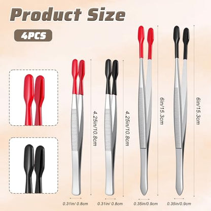 4 Pieces Rubber Tipped Tweezers, Forceps Silicone Coated Flat Tip Long Bent Precision Tweezers, Hobby Craft Tweezer Tools for Crafting Stamps Coins Jewelry Industrial Electronic Lab (Black & Red)