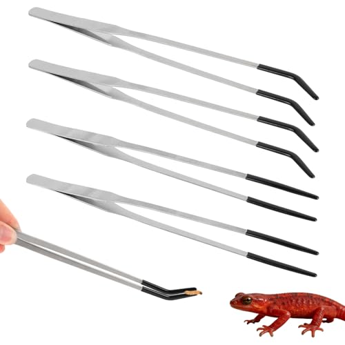 4pcs Reptile Feeding Tongs, Stainless Steel Straight Curved Reptile Feeding Tweezers with Rubber Tips for Bearded Dragons Snake Lizards Gecko