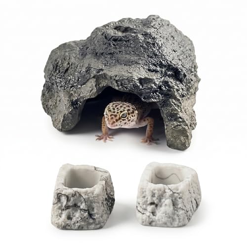 Reptile Hide Cave Set - Resin Rock Hideout with 2 Food and Water Bowls, Small Reptile Tank Accessories for Gecko, Frog, Young Bearded Dragon and Amphibian Habitat