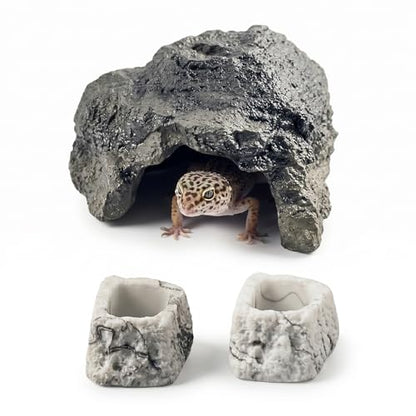 Reptile Hide Cave Set - Resin Rock Hideout with 2 Food and Water Bowls, Small Reptile Tank Accessories for Gecko, Frog, Young Bearded Dragon and Amphibian Habitat