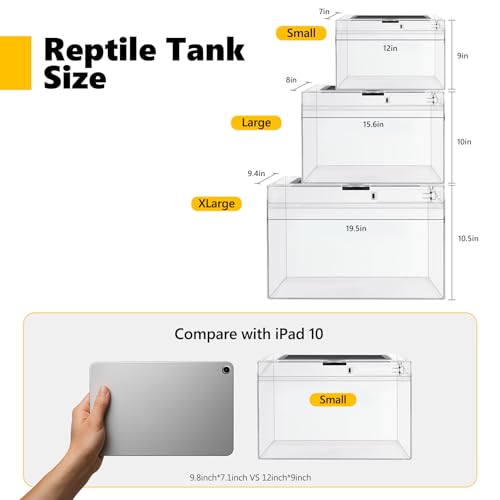 HELIME Reptile Polycarbonate Terrarium Kit 7 Piece Starter Habitat for Tarantula,Lizards,Frogs,Geckos,or Hermit Crabs,Tank with Escape-Proof Locking Lid,Light,Hygrometer,Hide,Tweezer,Bowl,Sprayer - size: Small(12x7x9IN)