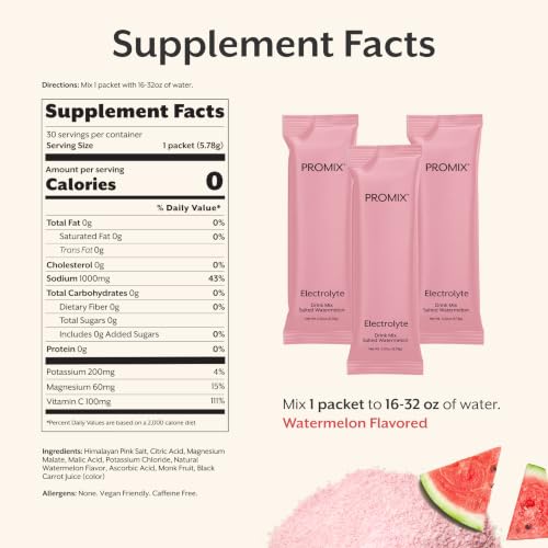 ProMix Nutrition Electrolytes Powder Hydration Packets - Himalayan Pink Salt, Magnesium, Potassium, Vitamin C - Salted Watermelon, Lightly Sweetened - 30 Servings (Pack of 30) - size: 0.18 Ounce (Pack of 30)
