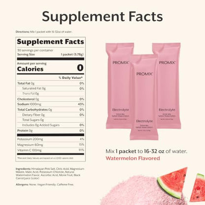 ProMix Nutrition Electrolytes Powder Hydration Packets - Himalayan Pink Salt, Magnesium, Potassium, Vitamin C - Salted Watermelon, Lightly Sweetened - 30 Servings (Pack of 30) - size: 0.18 Ounce (Pack of 30)