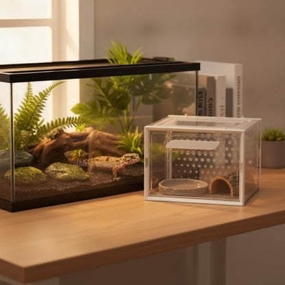 Reptile Habitat Box with Handle, Ventilated PP Plastic Terrarium for Geckos and Lizards, Portable Enclosure with Secure Lid, 13.8 x 9.8 x 7.3 Inches (1 PC)