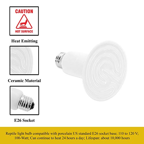 Mandala Crafts Heat Lamp for Reptiles - Ceramic Heat Emitter Infrared Light Bulb with No Light for Chicken Coop Turtle Bearded Dragon Dog Pet Brooder 100W Pack of 2 White - color: White