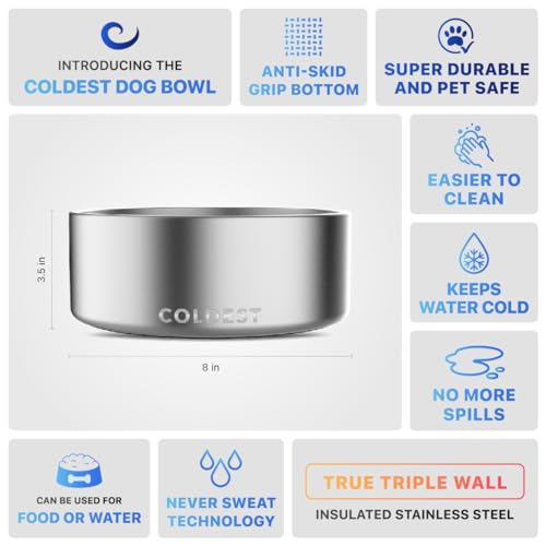 Coldest Dog Bowl - Anti Rust Metal, Non Slip, 3 Layers Insulated Stainless Steel Dog Bowls - Spill Proof & Heavy Duty - Water Bowl for Dogs, Cats, Dish Washer Safe (64 oz, Polished Stainless Steel) - color: Polished Stainless Steel, size: 64 oz