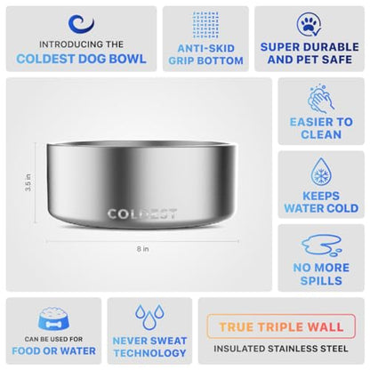 Coldest Dog Bowl - Anti Rust Metal, Non Slip, 3 Layers Insulated Stainless Steel Dog Bowls - Spill Proof & Heavy Duty - Water Bowl for Dogs, Cats, Dish Washer Safe (64 oz, Polished Stainless Steel) - color: Polished Stainless Steel, size: 64 oz