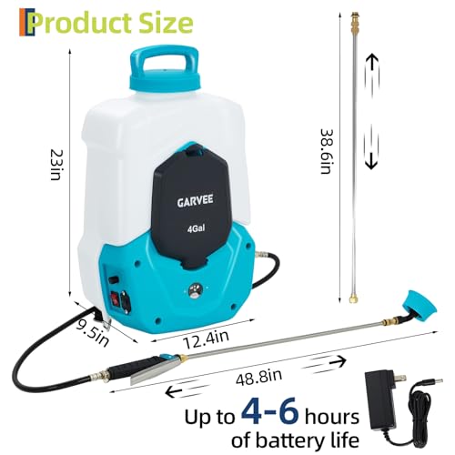 Garvee 4 Gallons Battery Powered Backpack Sprayer, 12V 8Ah Electric Sprayer with 6 Nozzles & 2 Wands, 4-6 Hour Runtime, 90PSI Adjustable Pressure, Trigger Lock, Yard Sprayers for Lawn and Garden - size: 4 Gal