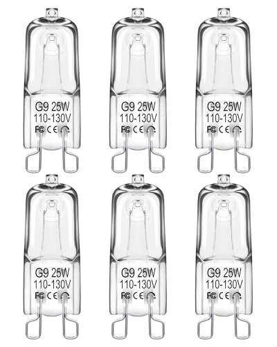 Flaspar G9 Halogen 25W 120V Bi-Pin Base, Dimmable 2700K for Range Hood | 6-Pack, T4 shape, 2-pin G9 base Xenon bulb, Fits chandeliers, under-cabinet, bathroom, landscape, Warm white 2700K, dimmable - size: 6 Pack 120V 25W G9 Bulb