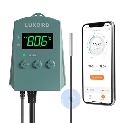 WiFi Digital Heat Mat Thermostat Controller, 32-113°F with Heating Cooling Mode, 365 Day Data Export, 1200W, High/Low Temp Alerts, Plug & Play for Reptile Seedling Brewing Breeding Greenhouse