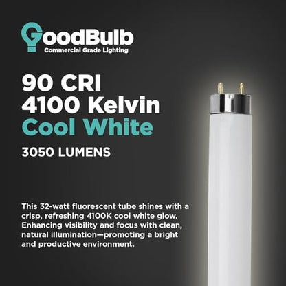 GoodBulb 25 Pack F32T8/841/ECO 32W 48 Inch T8 Fluorescent Light Bulb 4100K Cool White Light Color, Medium Bi-Pin Base 3050 Lumens 86 CRI 24000 Life Hours Instant/Programmed Start - color: 4100k