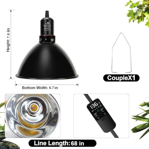 MECESOR Reptile Light Fixture with Thermostatic Timer, 8.5 Inch Deep Dome Lamp Cap Reptile Heat Lamp Fixture with Separate Switches, Terrariums Light Fixture for Ceramic Heating Lamp Bulb