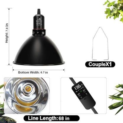 MECESOR Reptile Light Fixture with Thermostatic Timer, 8.5 Inch Deep Dome Lamp Cap Reptile Heat Lamp Fixture with Separate Switches, Terrariums Light Fixture for Ceramic Heating Lamp Bulb