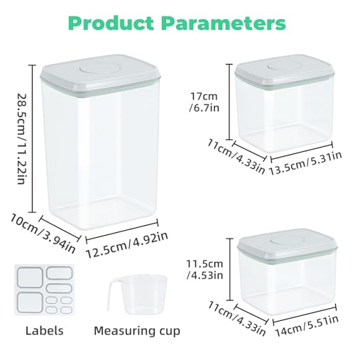3 Pack Flour and Sugar Storage Containers with Pop-up Lid, 1.26Qt + 2.11Qt + 3.48Qt Food Storage Container for Rice, Spaghetti, Pasta, Nuts, Snack, Candy, Dog Treat, Kitchen Pantry Organization